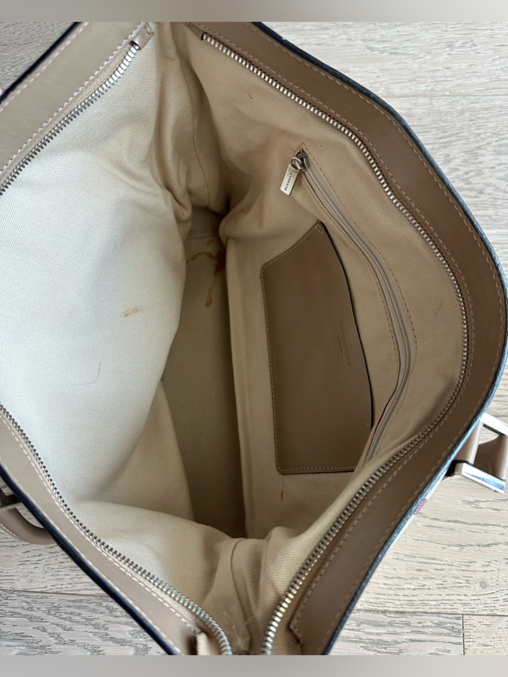 Burberry Tan and Black Check Canvas Tote with Leather Trim - Picture 5 of 5